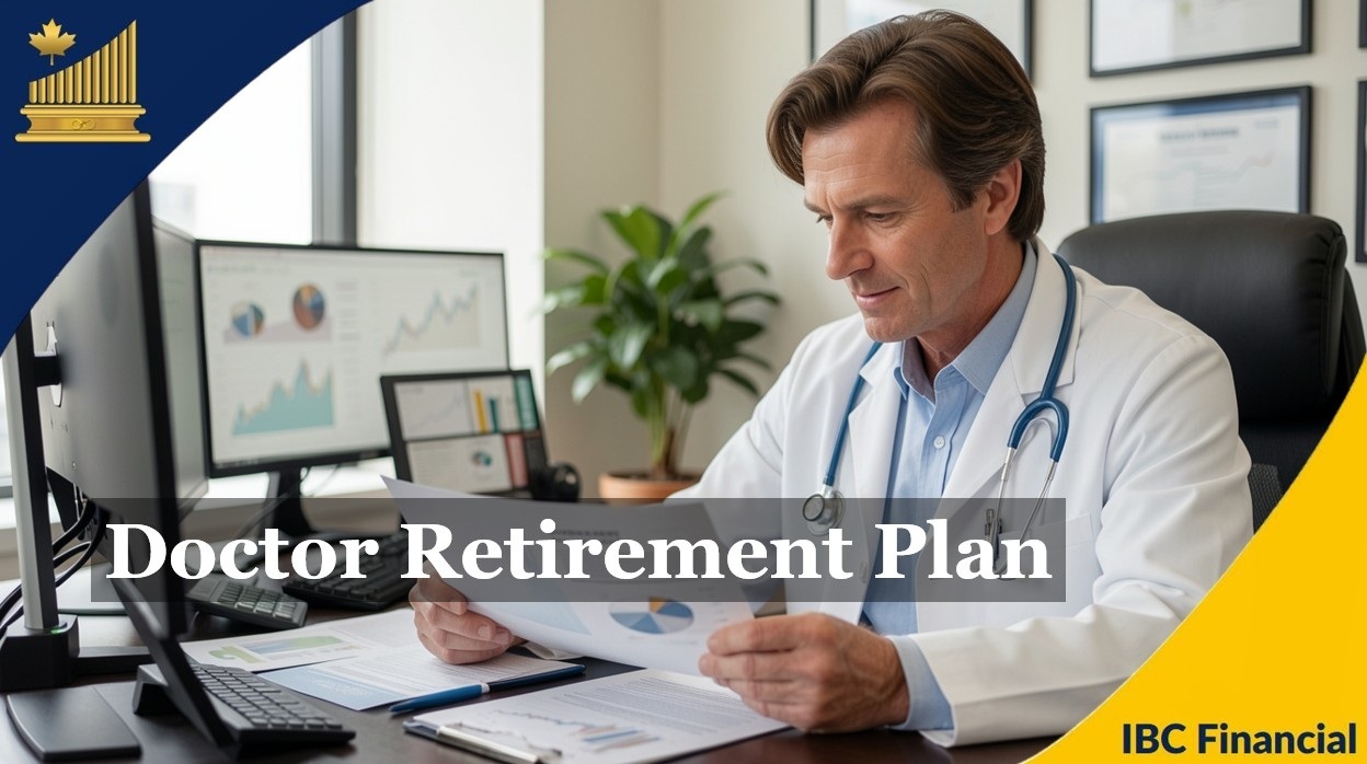 A doctor at a desk reading a document beside two screens, with the caption Doctor Retirement Plan