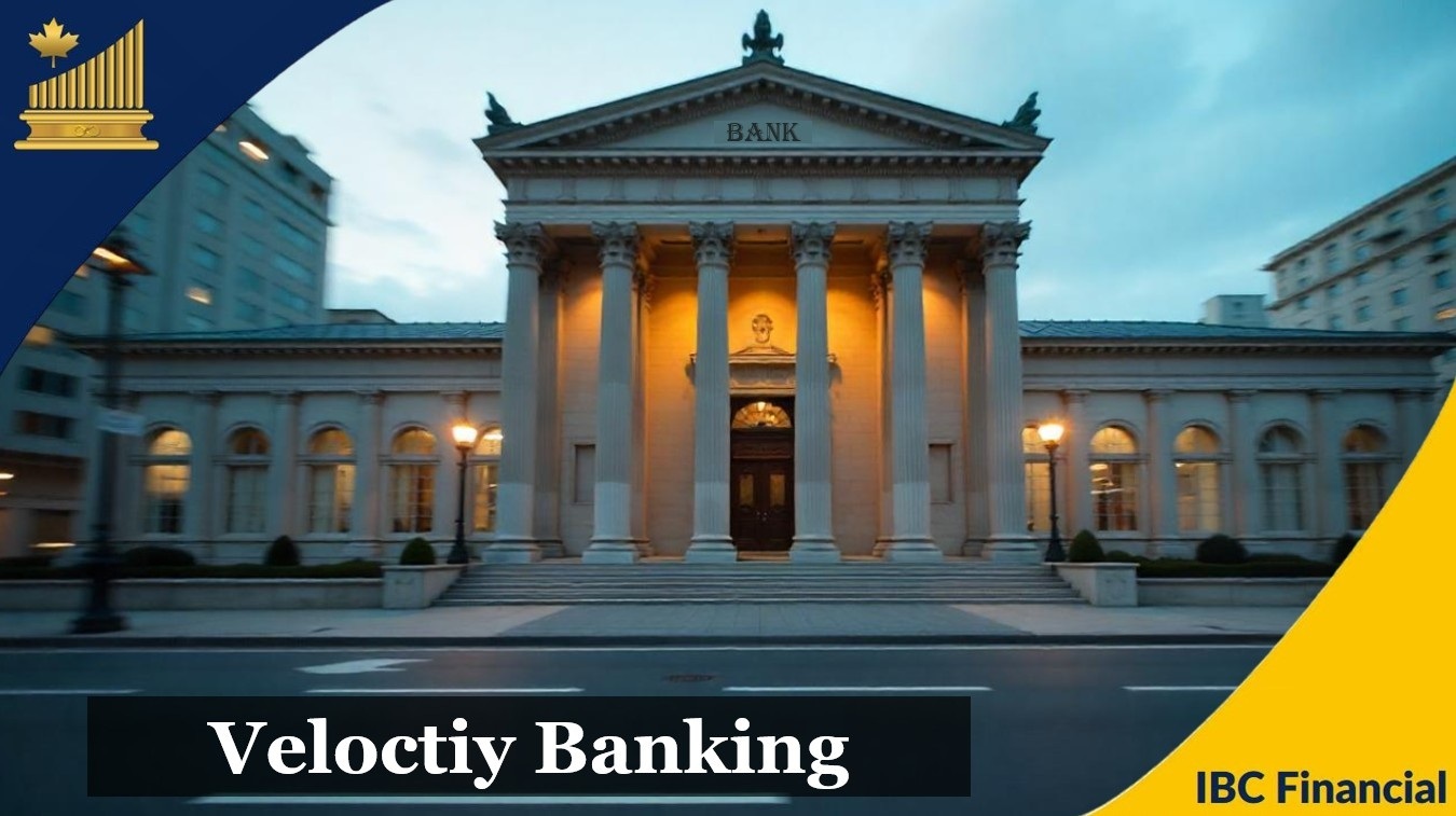 A floodlit neoclassical building at dusk, with the name of the Velocity Banking method set across it