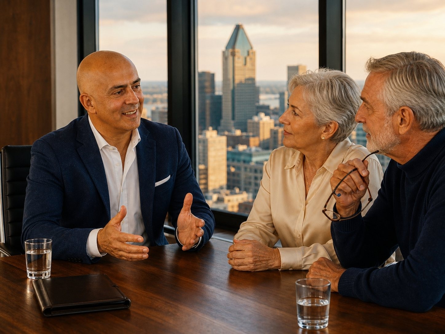 An advisor in conversation with a Canadian couple across a boardroom table, a city skyline behind them
