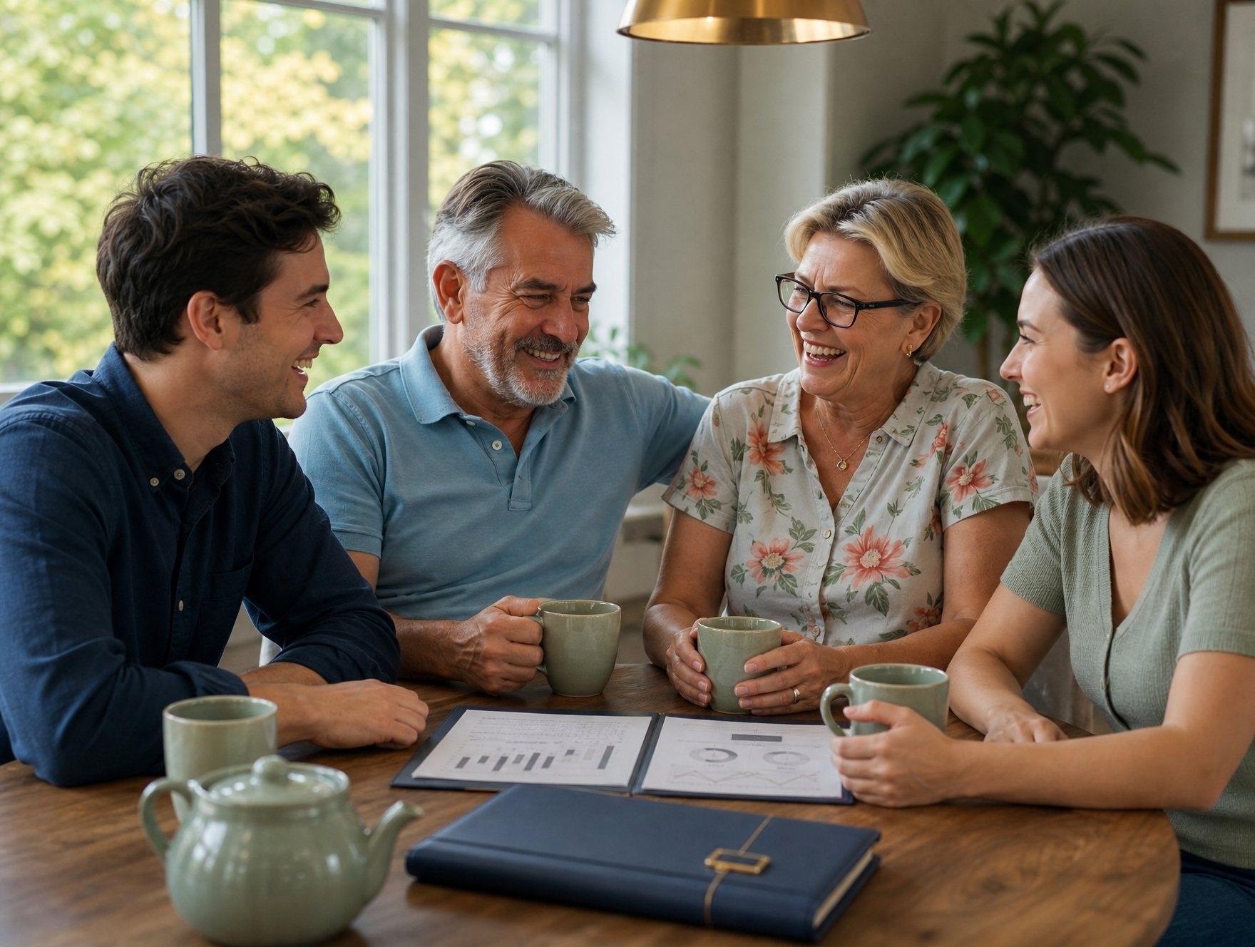 Two generations of a Canadian family talking around a kitchen table over tea, a folder of figures open between them